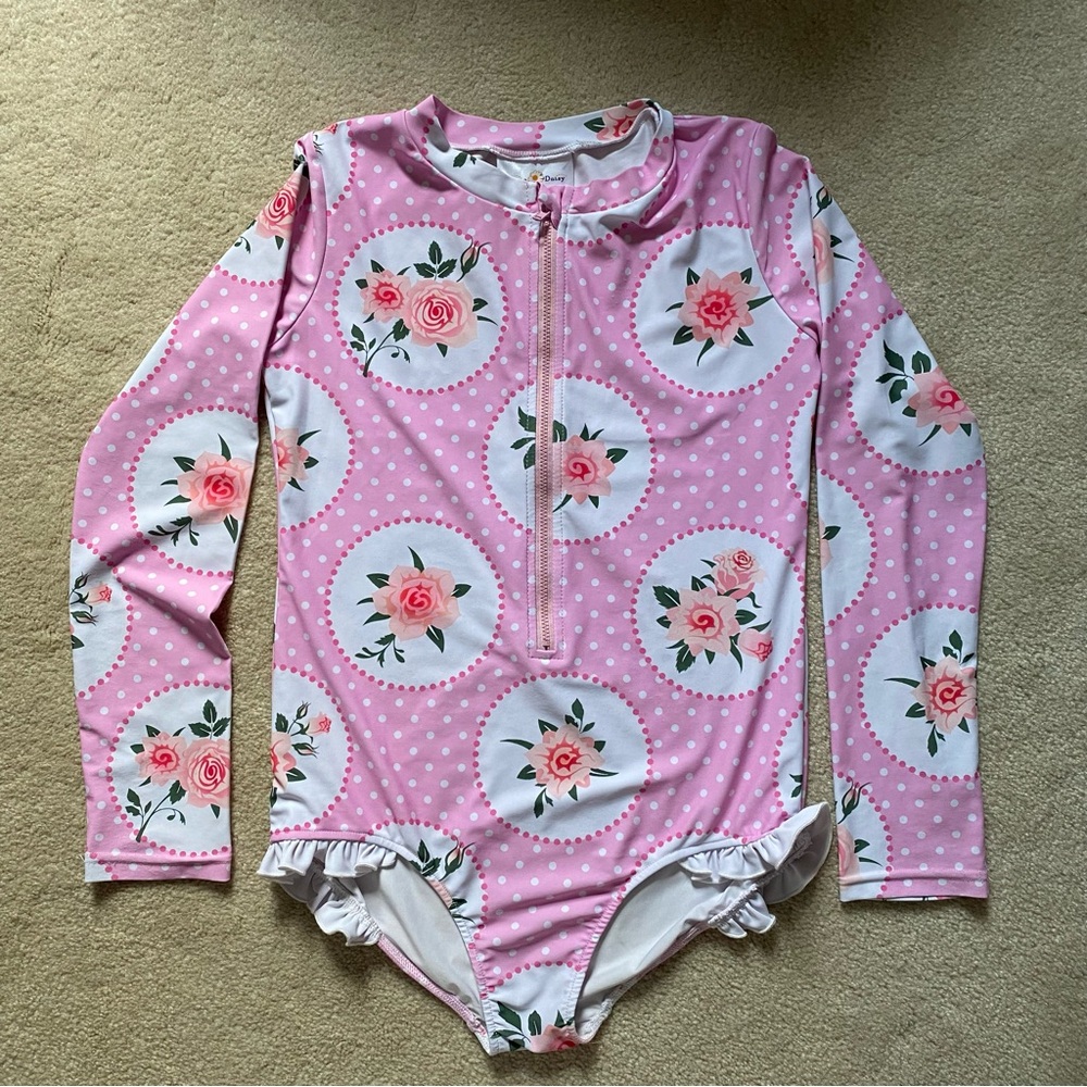 Pink and White Floral  Polka Dot Rashguard Swimwear